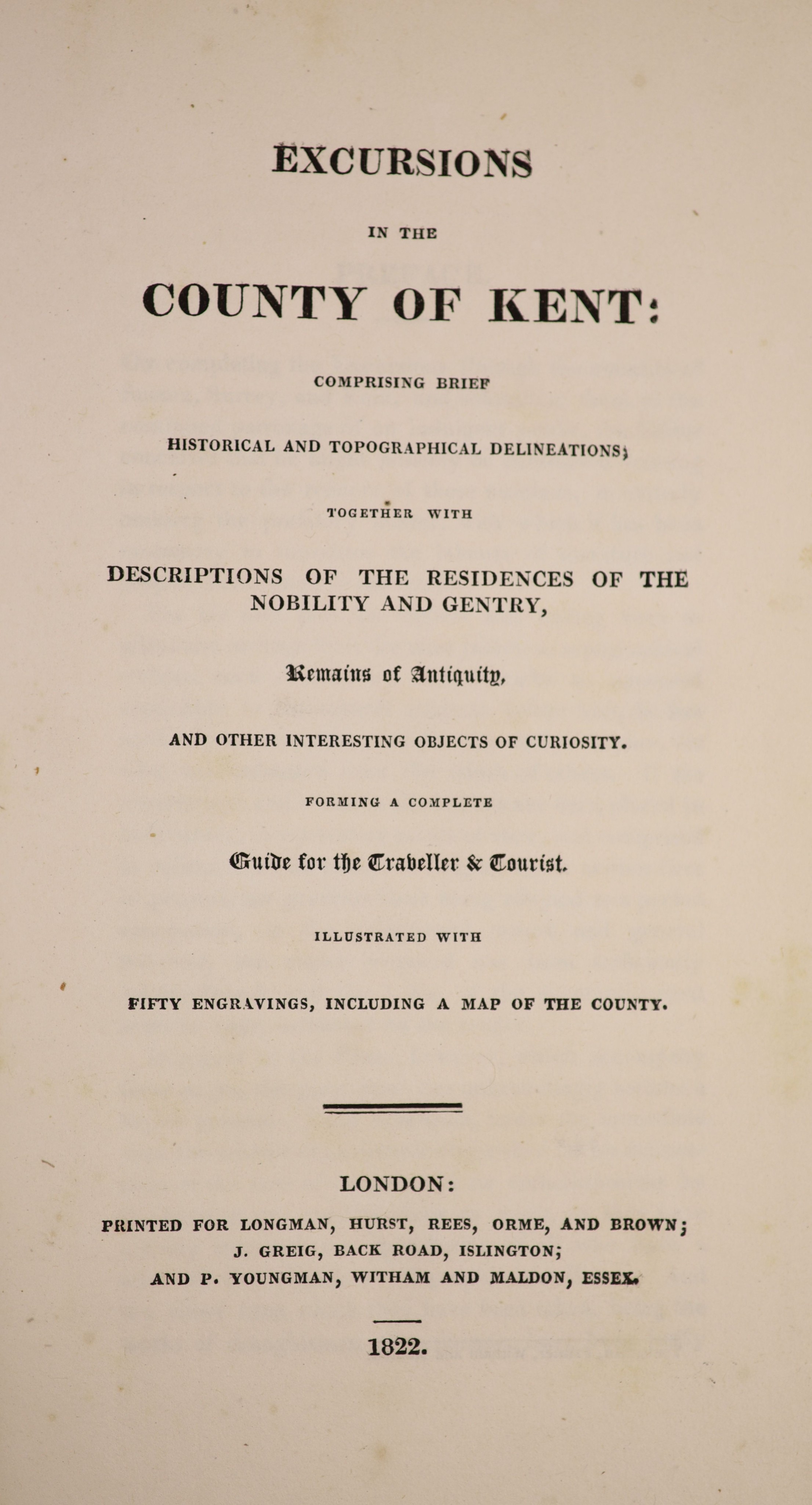 [Cromwell, Thomas] - Excursions in the County of Kent, qto, large paper edition, red morocco gilt, folding map and 44 plates, London, 1822